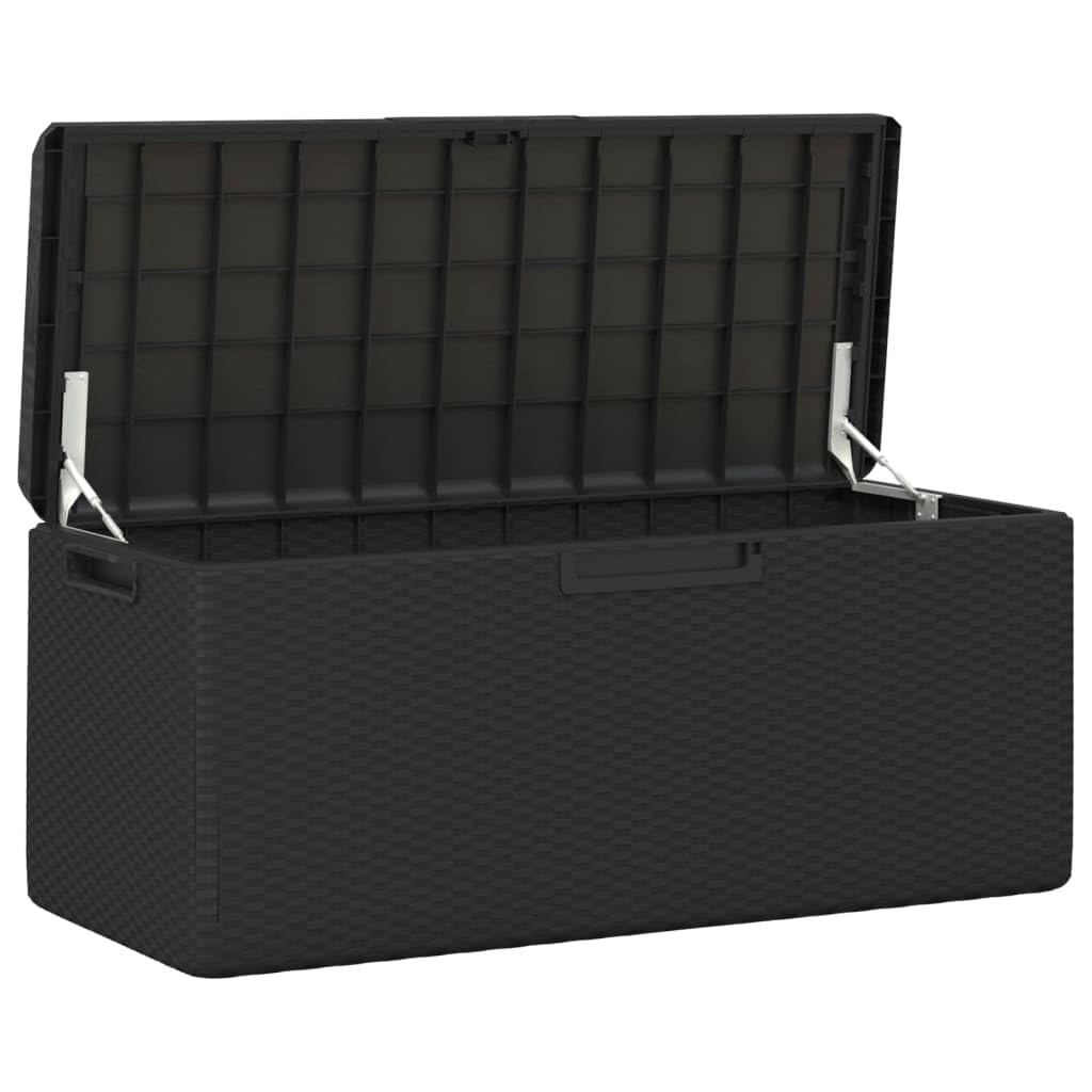 GKHPYURE Garden Storage Box with Cushion, 92.5 Gal Anthracite PP Outdoor Patio Storage Chest with Rattan Look, Gas-Lift Design, Lockable for Cushions Pillows Blankets Toys