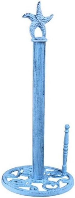 15" Handcrafted Nautical Decor Rustic Dark Blue Whitewashed Cast Iron Starfish Paper Towel Holder - Starfi