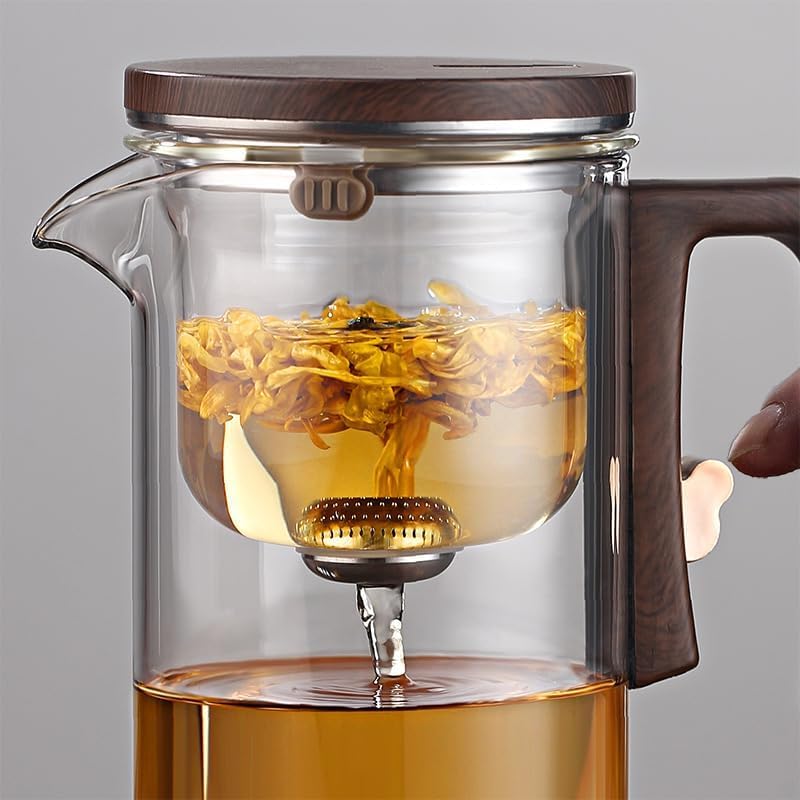 WCCDXGP 900ML Enchantipot Magic TeaPot, Water Separation Glass Tea Pot with Wooden Handle, Press Control Magic Tea