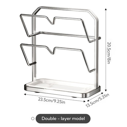 Lightinner Stainless Steel Pot Lid Rack, Kitchen Pot Lid Storage Organizer, Multi Functional Countertop Spoon Holder While Cooking, Silver, Double-Layer Model