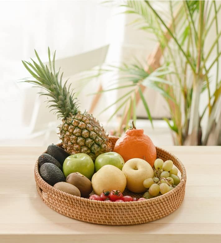 YANGQIHOME Rattan Round Serving Tray - Decorative Coffee Table Tray, Hand Woven Serving Basket with Handles