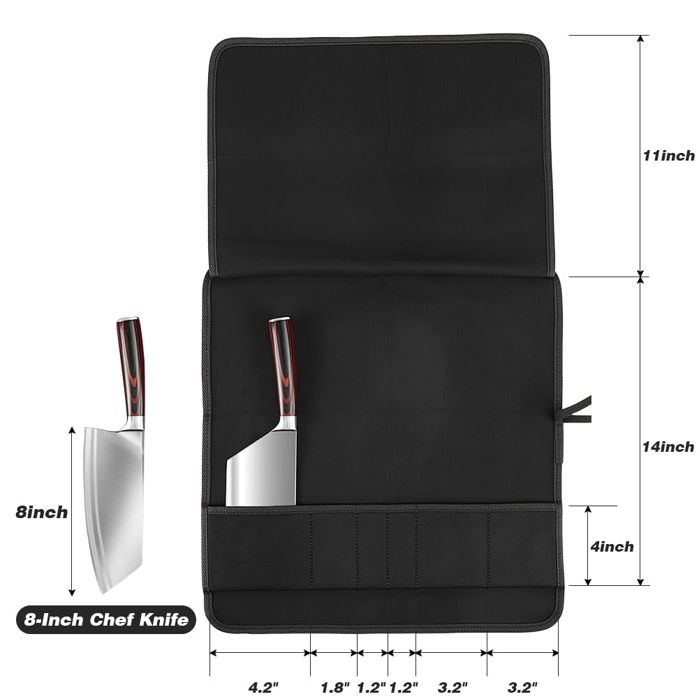 6 Slot Puncture Resistant Knife Roll, Waxed Canvas Knife Bag Featuring UHMWPE Fabric, Tie Straps Knife Roll Bag Fit 8-Inch Chef Knives