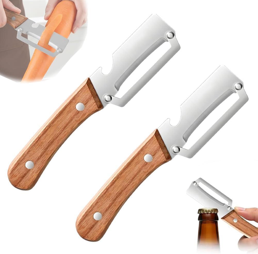Premium Vegetable Peeler with Wooden Handle and Bottle Opener,Multi-Functional Vegetable Peeler for Kitchen, 2-In-1 Stainless Steel Kitchen Tool, for Fruit Veggie, Includes Bottle Opener (2PCS)