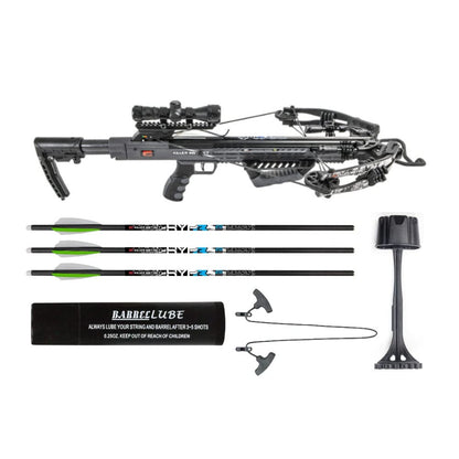 Killer Instinct Burner 415 FPS Crossbow Package (Gray Camo) with Crossbows Slayer Crossbow Case, 20-Inch Crossbow Bolts (6-Pack) and 100-Grain Hunting Broadheads (3-Pack) Bundle (4 Items)