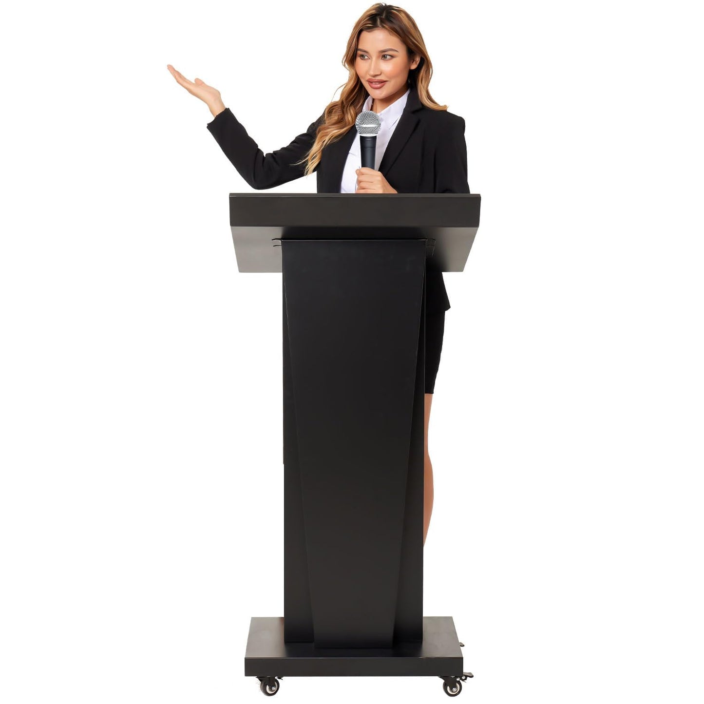 BERPET Podium Stand with 4 Locking Wheels, Lecterns & Podiums for Church School Office Conference Home, Heavy Duty Metal, Large Storage Area, Slant Desktop, 50.4" H