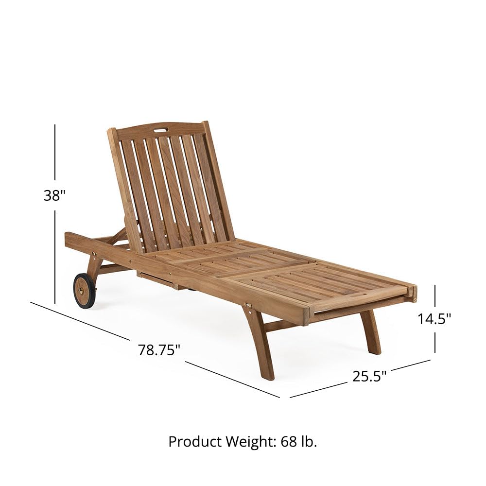 TITAN GREAT OUTDOORS Ash & Ember Grade A Teak Reclining Sun Lounger, Four Adjustable Backrest Position, Fold-Up Knee Positions, Pull-Out Tray, Weather-Resistant Outdoor Chaise Lounger with Wheels