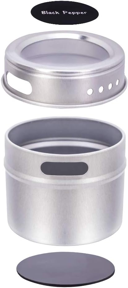Magnetic Spice Tins & Labels, 12 Storage Containers with Window Top, 48 Pre-printed and 12 Blank Labels