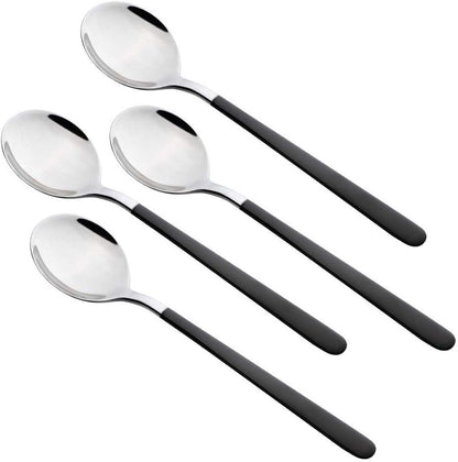 4-Piece Stainless Steel Dinner Spoons, 8 inches Comfort Long Handle, Mirror Polished Flatware, Dishwasher Safe (Black)