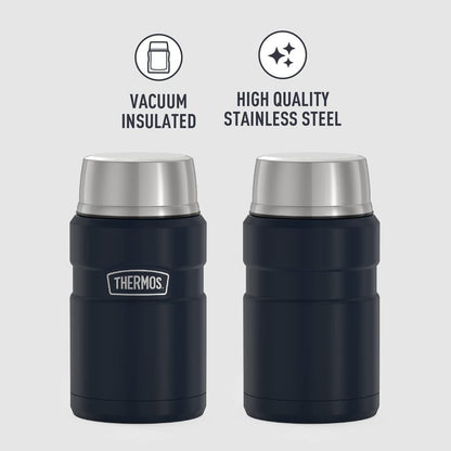THERMOS Stainless King Vacuum-Insulated Beverage Bottle, 40 Ounce, Matte Steel & Stainless King Vacuum-Insulated Food Jar, 24 Ounce, Midnight Blue