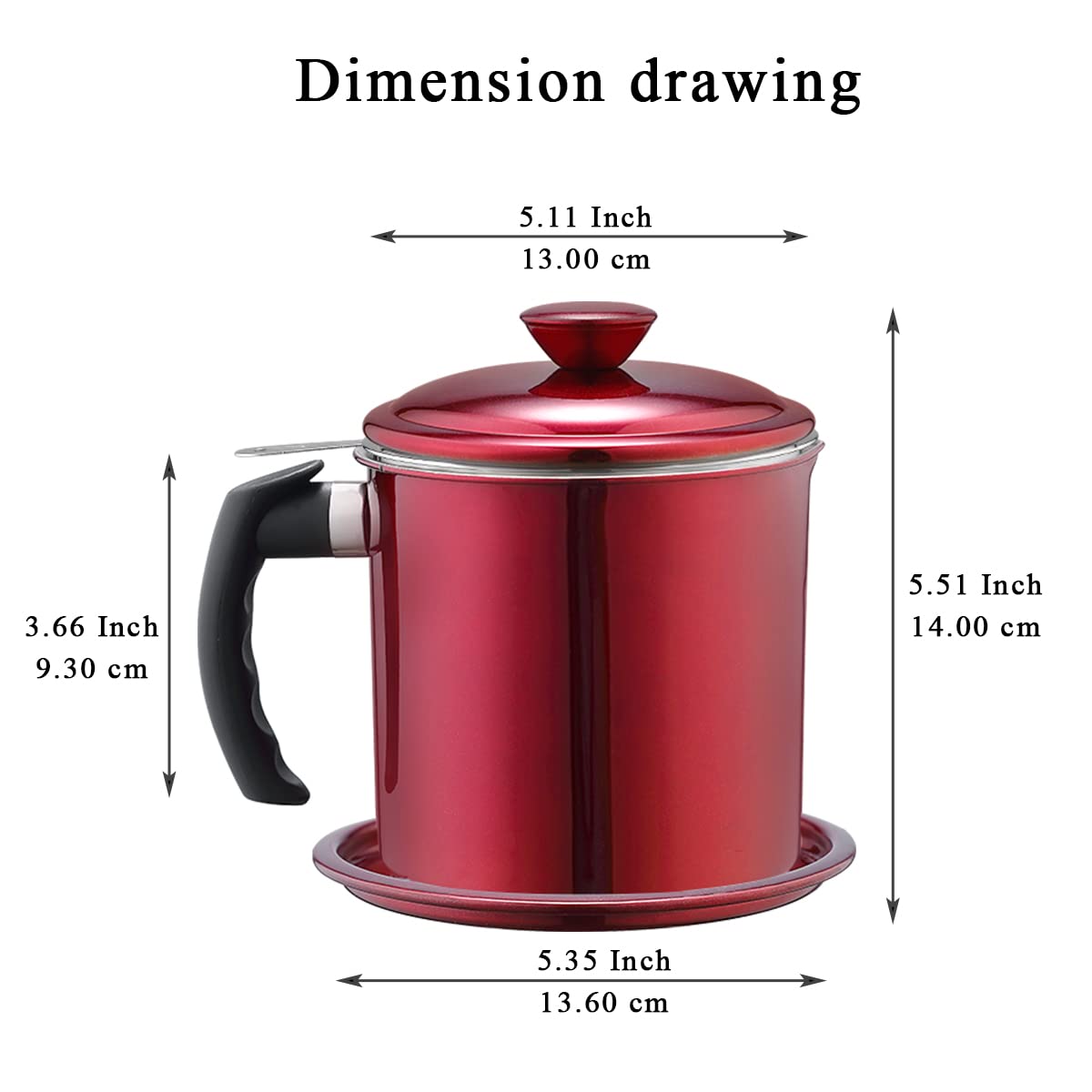 Kyraton Bacon Grease Container With Strainer, 48 oz Metal Shining Red Stainless Steel Oil Container, Pot Fat Storage With Lid, Easy Grip Handle Suitable For Storing Frying Oil And Cooking Grease