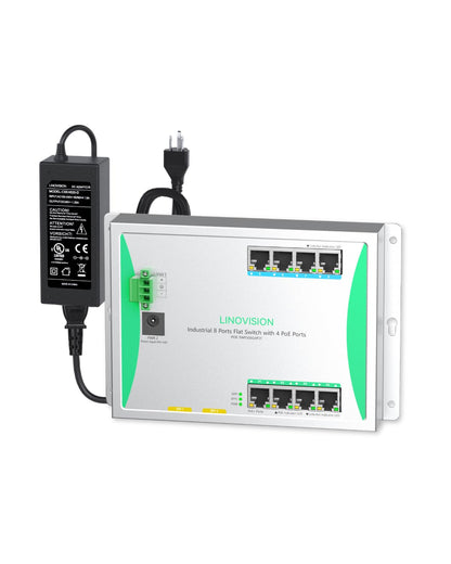 LINOVISION Industrial 8-Port Flat PoE Switch with 4 802.3at PoE+ Ports, Front-Access Design, Dual Power Input, 120W Budget for IP Cameras in Electrical cabinets, Control Boxes, or Outdoor enclosures
