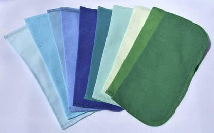 1 Ply Solid Color Flannel Wipes, 8x8 Inches, Set of 10 Assorted Blues and Greens, Made in the USA