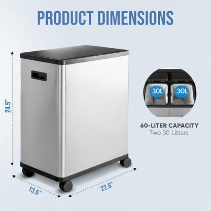 HOLDN’ STORAGE 60L Dual Kitchen Trash & Recycling Bin - Motion Sensor, Soft-Close Lid, Stainless Steel