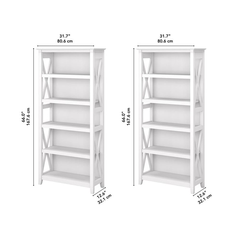 Bush Home Key West 5 Shelf Bookcase - Set of 2 | Tall Bookshelves in Pure White Oak | Sturdy Display Shelves for Library, Living Room, and Home Office