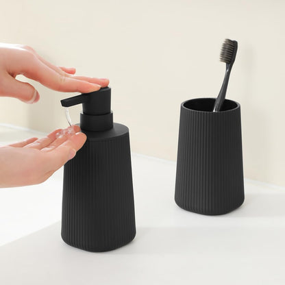 YAUKPH Bathroom Accessories Set - 2-Piece Soap Dispenser & Toothbrush Holder | Striped Black Design