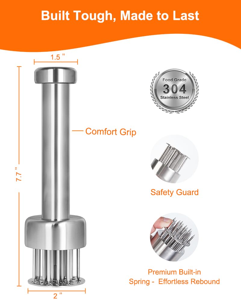 Brigii Meat Tenderizer Tool, 304 Stainless Steel, with 21 Needles & Retractable Safety Guard, for Tenderizing Beef, Turkey, Chicken, Steak, Dishwasher Safe