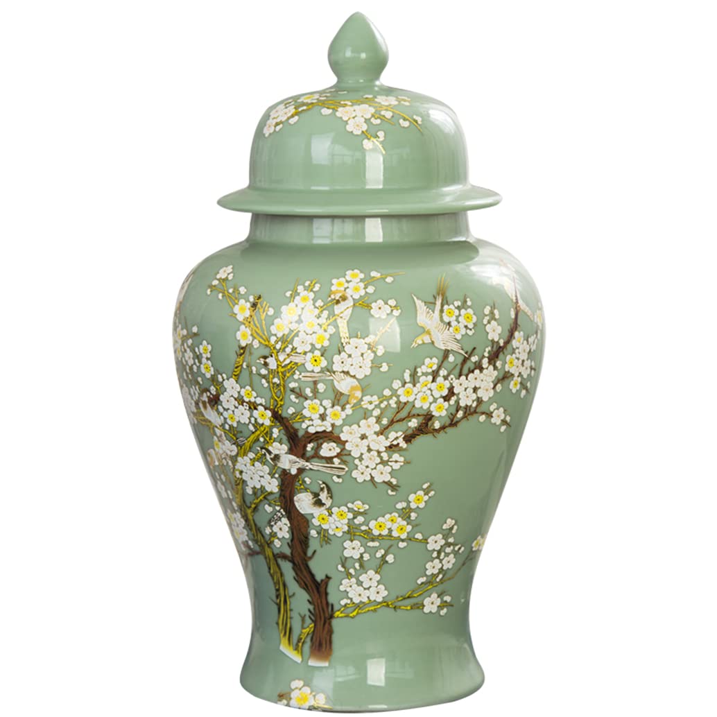 Green Ceramic Ginger Jar With Lid For Home Decor,Traditional Trees And Flowers Temple Jar, Jingdezhen Handcrafted Porcelain Vase Centerpiece Decor M (Green L) (Gr