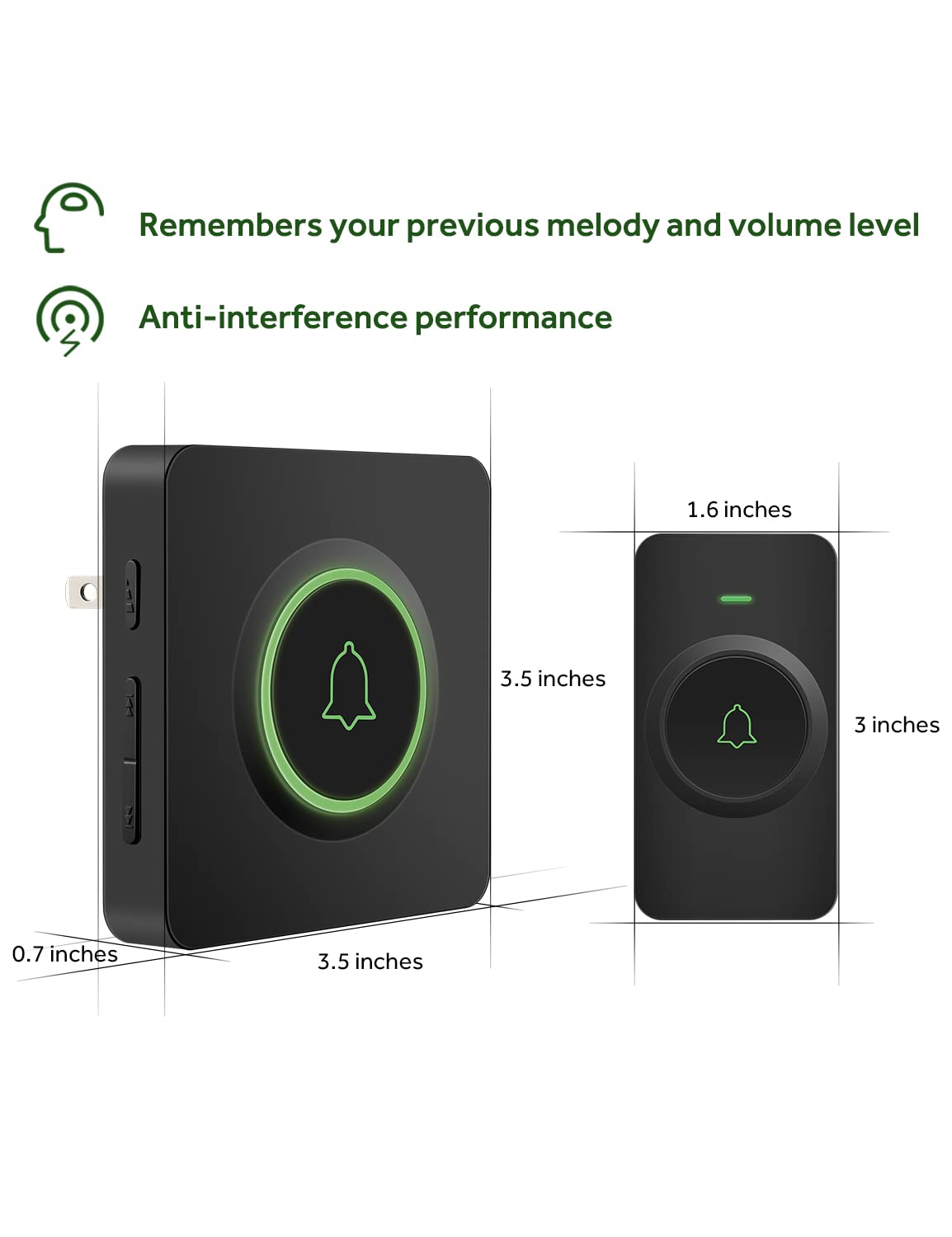 AVANTEK Wireless Doorbell D-3C, 1300 ft Long Range Door Chime Kit, 52 Melodies, Up to 115dB Volume and LED Flash with 2 Plug-In Receivers & 1 Push Button, Black