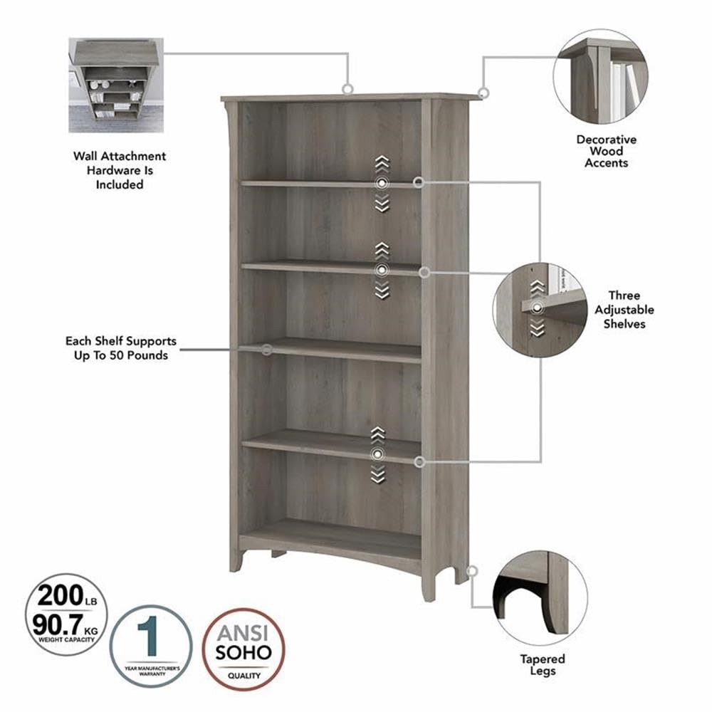 Bush Home Salinas Tall 5 Shelf Bookcase - Set of 2 in Driftwood Gray, Vertical Office Storage, Bookshelves for Home Workspace, Multi-Purpose Shelving Units