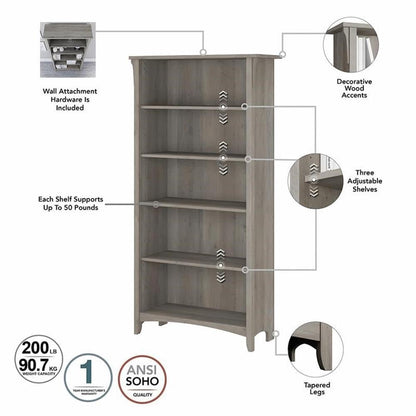 Bush Home Salinas Tall 5 Shelf Bookcase - Set of 2 in Driftwood Gray, Vertical Office Storage, Bookshelves for Home Workspace, Multi-Purpose Shelving Units