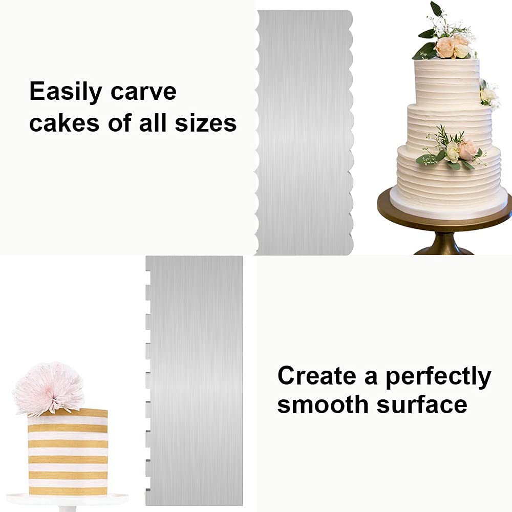 2 Pc 9 Inches Stainless Steel Cake Scraper Cake Decorating Tools Edge Side Jagged Wave Double Sided Patterned Comb Metal Cake Carving Smoothing Cream Pastry Baking(9 x 3.5 Inches)