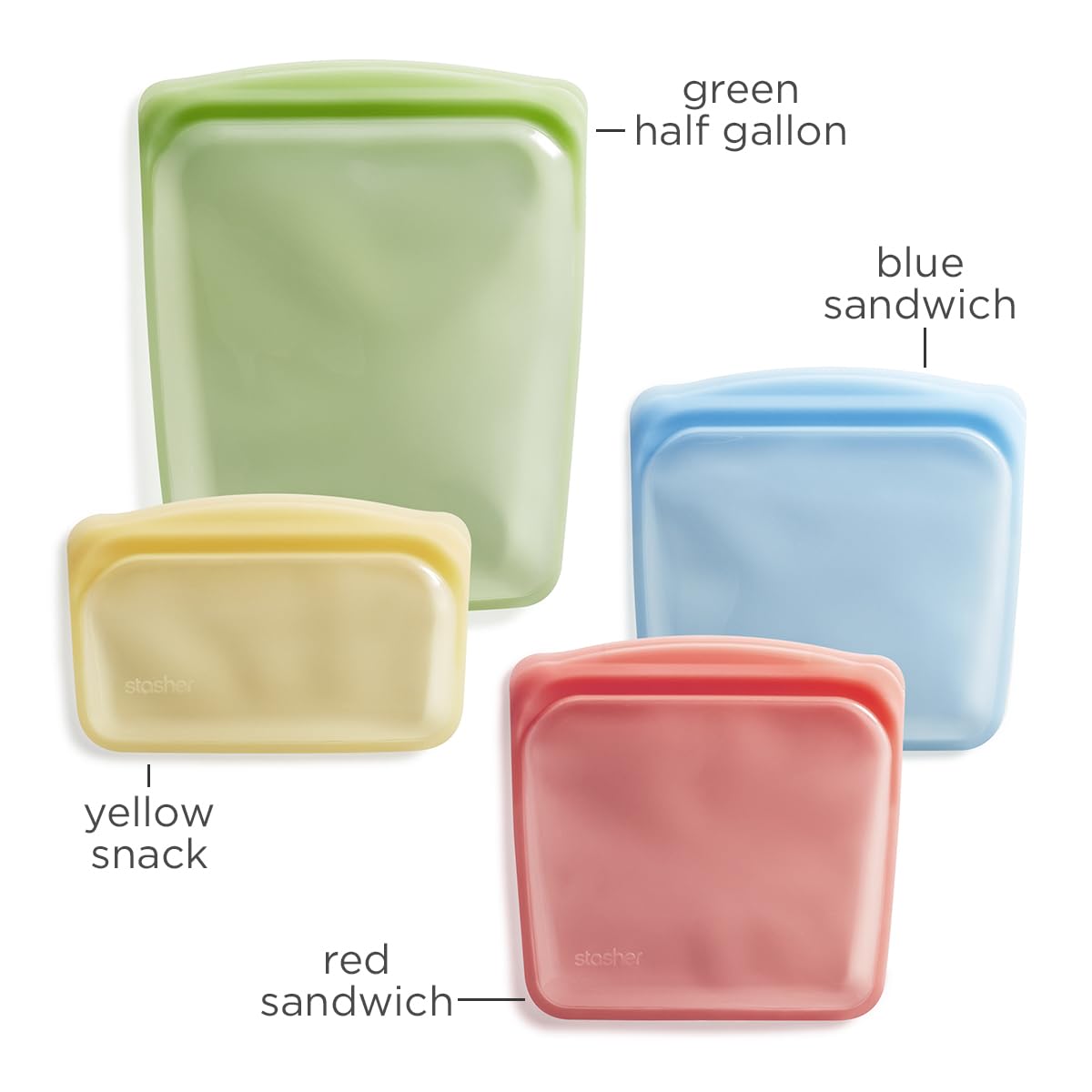 Stasher Silicone Reusable Storage Bags, 4-Pack, Reusable Freezer Bags, Microwave, Dishwasher, Oven Safe, Sous Vide, Premium Lunch Containers, Eco Friendly, Food Storage Bags, Snack Bags, Multicolor