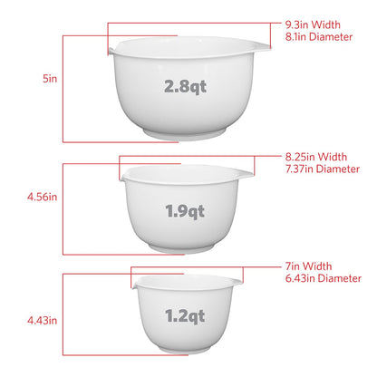 Glad Mixing Bowls with Pour Spout, Set of 3 | Nesting Design Saves Space | Non-Slip, BPA Free, Dishwasher Safe Plastic | Kitchen Cooking and Baking Supplies, White