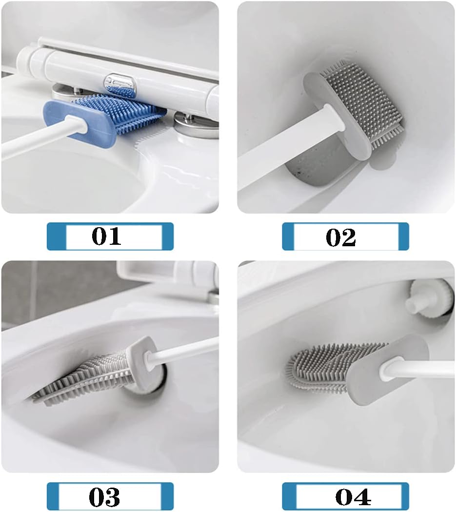 Toilet Brush and Holder, Double Brush Combination with Silicone Toilet Bowl Brush, Flat Flexible Bristles for Deep