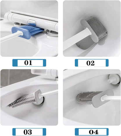 Toilet Brush and Holder, Double Brush Combination with Silicone Toilet Bowl Brush, Flat Flexible Bristles for Deep