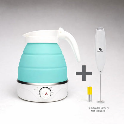 Nikao Home Foldable Electric Kettle With Milk Frother and Foldable Cup – Travel kettle, Portable Tea Kettle for Travel, Mini Collapsible Water Warmer, Compact Design and Quick Heating. (Aqua Blue)