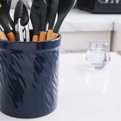 KOOV Kitchen Utensil Holder, Large Ceramic Utensil Crock, Deep and Stable, Utensils Caddy Texture Series (Dark Blue)