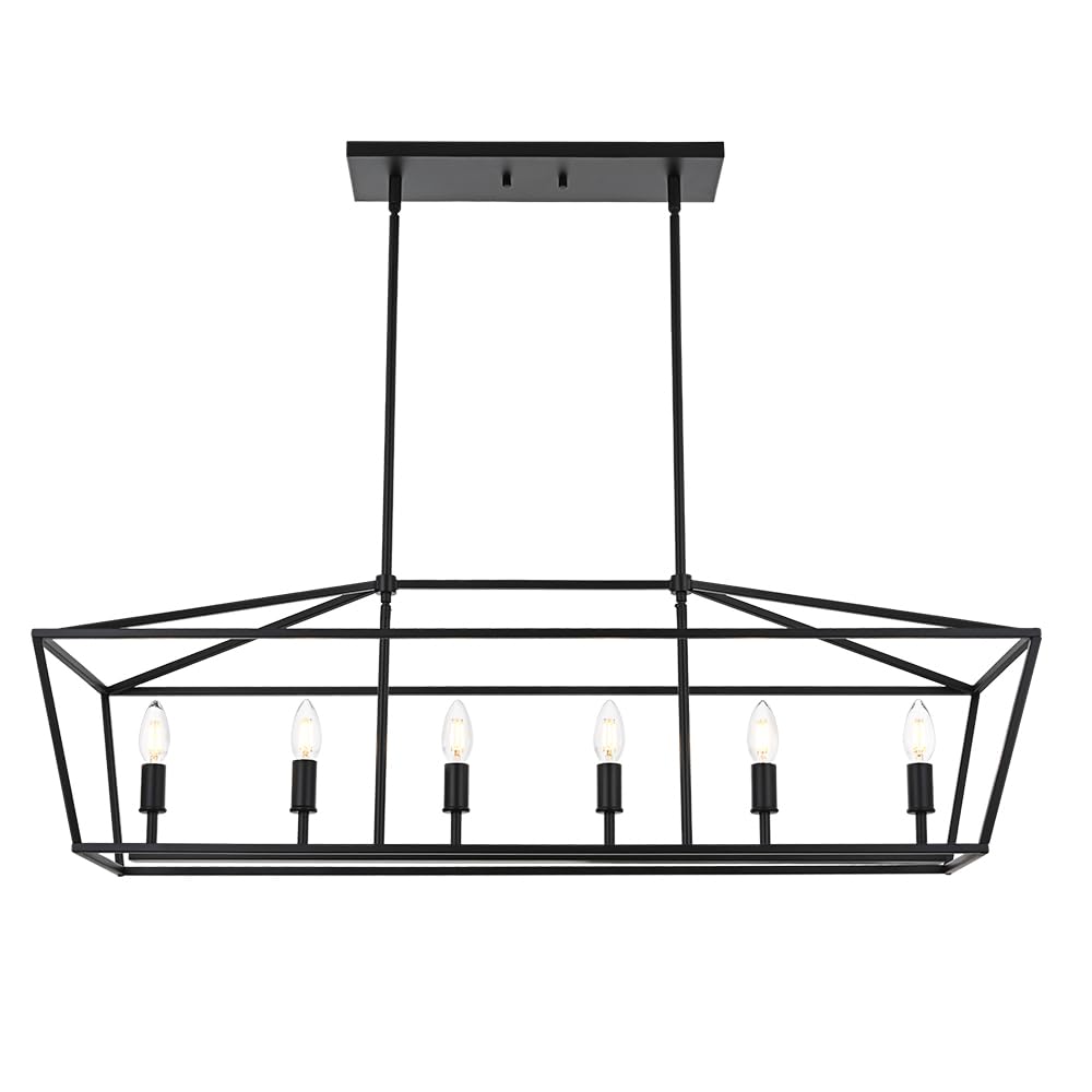 BONLICHT 6 Light Farmhouse Chandelier Black Modern Linear Kitchen Island Lights Industrial Vintage Candle-Style Dining Room Lighting Fixture Hanging Foyer Ceiling Lights with Adjustable Rods,E12 Base