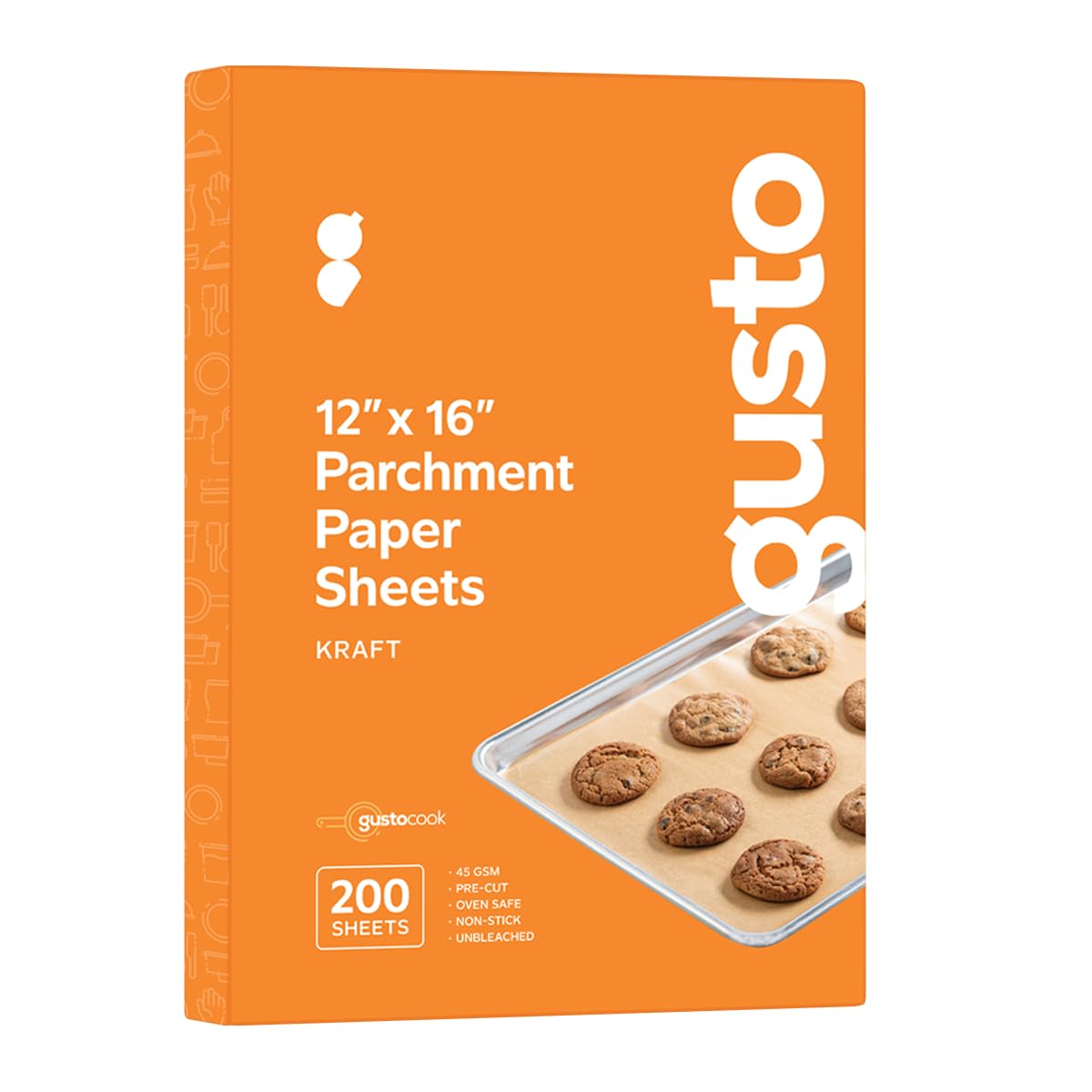 GUSTO 12 x 16 Inch Pre-Cut Parchment Paper Sheets [200 Count] Unbleached, Non-Stick Baking Paper for Cooking & Baking - Kraft (Formerly Comfy Package)