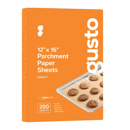 GUSTO 12 x 16 Inch Pre-Cut Parchment Paper Sheets [200 Count] Unbleached, Non-Stick Baking Paper for Cooking & Baking - Kraft (Formerly Comfy Package)