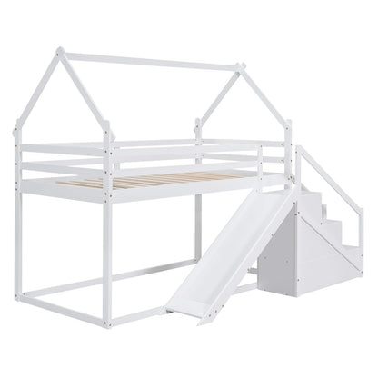 Merax Twin Over Twin Bunk Bed with Full-Length Guardrails for Teens, Boys, Girls, Wooden House Bed Frame & Slide and Storage Stairs for Children's Room, Bedroom, No Box Spring Needed, White