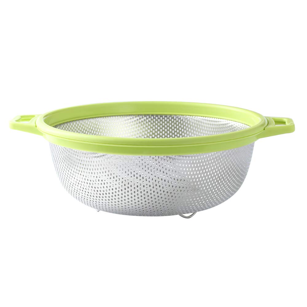 HiramWare Stainless Steel Colander With Handle and Legs, Large Metal Green Strainer for Pasta, Spaghetti, Berry, Veggies, Fruits, Noodles, Salads, 5-quart 10.5” Kitchen Mesh Colander, Dishwasher Safe