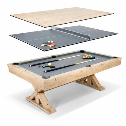 7 FT 3 in 1 Multi Game Pool Table with Dining Top Ping Pong Table Combo, Includes Pool Table Accessories and Tennis Paddles. (Rustic Oak with Grey Felt)