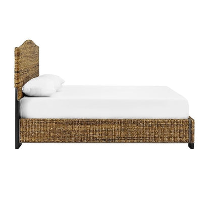 Pemberly Row Coastal Wood/Rattan King Platform Bed, Natural Brown Finish, Handwoven Banana Leaf, Matte Black Feet, 53.75" H x 82.5" W x 86" D, Includes Headboard/Footboard, Rustic Bedroom Furniture