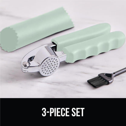 GORILLA GRIP Garlic Press and Peel Set, Heavy Duty Mincer Tool, Large Ergonomic Handle, Easily Mince and Crush Garlics, Ginger, Nuts, Seeds, Peeler Included, Peeling Cloves, Kitchen Gadgets, Mint