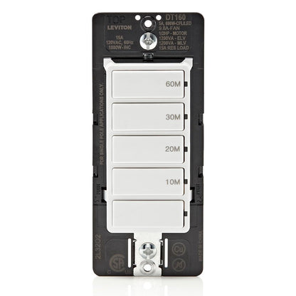 Leviton Countdown Timer Switch for bathroom fan and household lights, 5-10-15-30 min, No Neutral Required, Single Pole, 15A, 1/2 HP/9.8A Fan/Motor, DT130-1LW, White