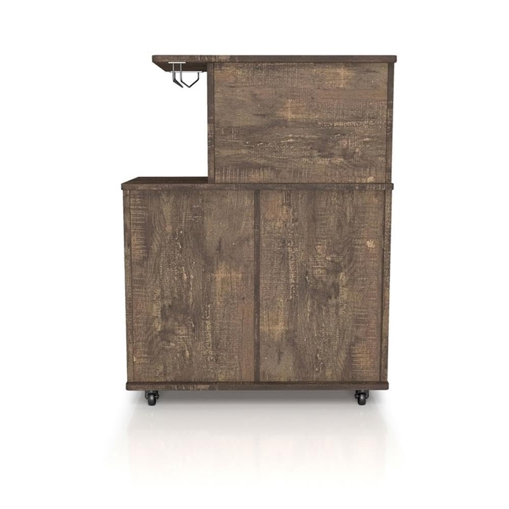 BOWERY HILL 4-Shelf Transitional Wood Mini Bar, Reclaimed Oak Finish, MDF and Particle Board, 15.7" W x 31.5" D x 41.3" H, Mobile Caster Wheels, Built-in Wine Bottle Slots, Glassware Rack, Adjustable