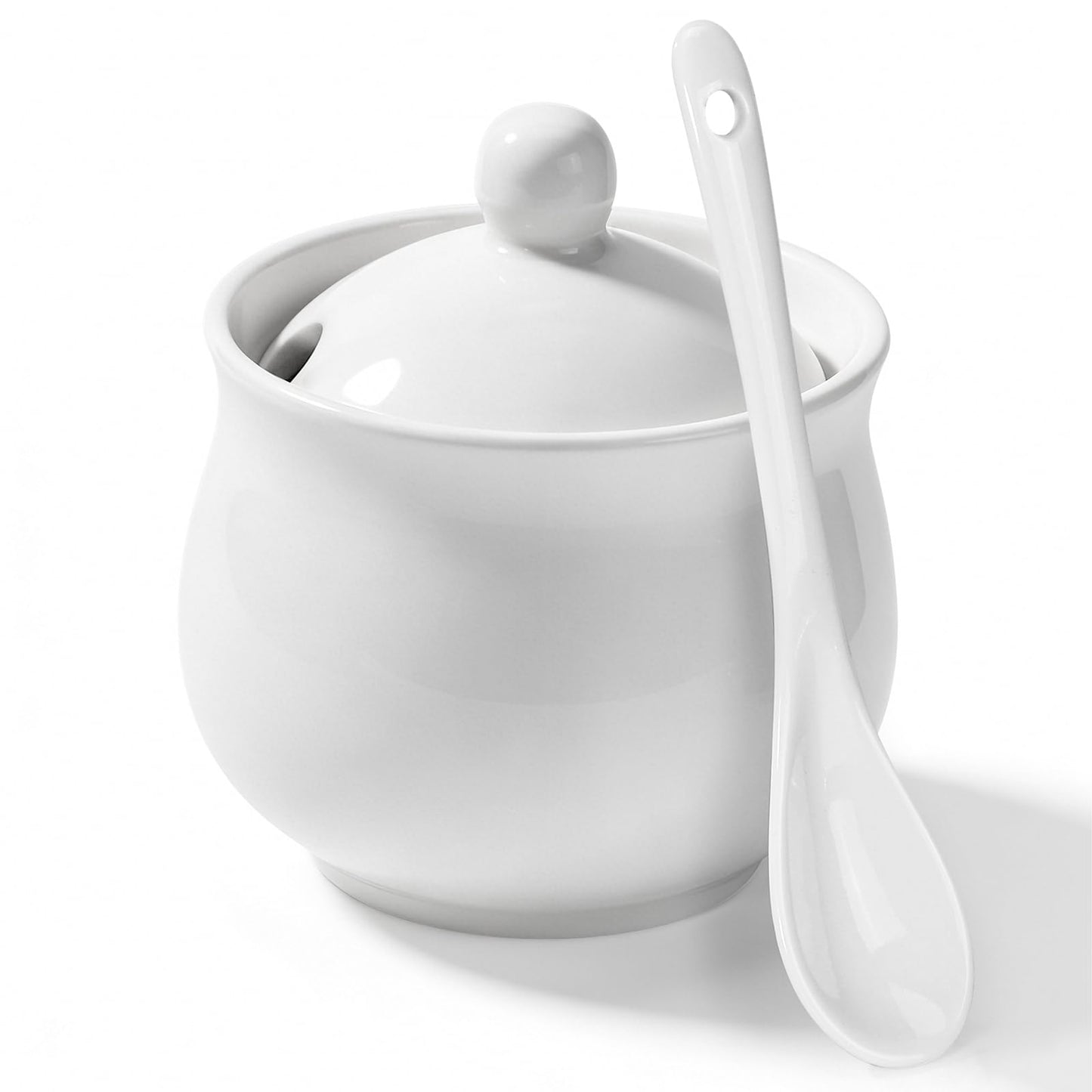 JOYLULU Sugar Bowl with Lid and Spoon, Elegant Ceramic Container for Salt, Pepper, Spices and Sugar, Easy to Clean, Ideal for Coffee Bar, Kitchen Counter & Dining Table, 7 Oz White Porcelain Jar