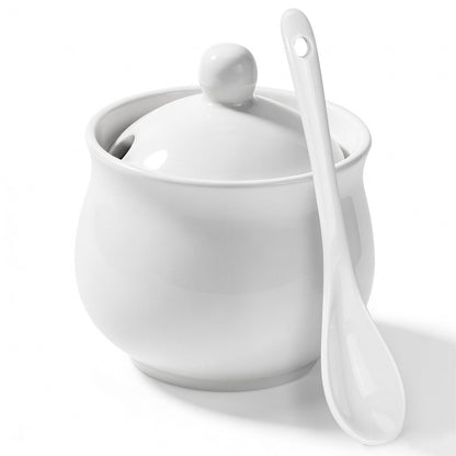 JOYLULU Sugar Bowl with Lid and Spoon, Elegant Ceramic Container for Salt, Pepper, Spices and Sugar, Easy to Clean, Ideal for Coffee Bar, Kitchen Counter & Dining Table, 7 Oz White Porcelain Jar