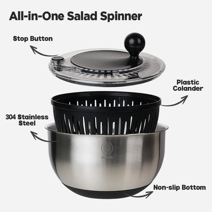 SURKAI Salad Spinner with 5 Blades – 5L Large Capacity Vegetable Washer & Dryer, Push Button Fast Spin, Built-in Drain System, Stainless Steel Bowl, Non-Slip Base – All-in-One Kitchen Prep Tool