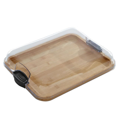 Farberware Build-A-Board Bamboo Cutting Board with Single Storage Compartment, Clear Locking Lid, Black Handles, Perfect for Charcuterie & Snacks