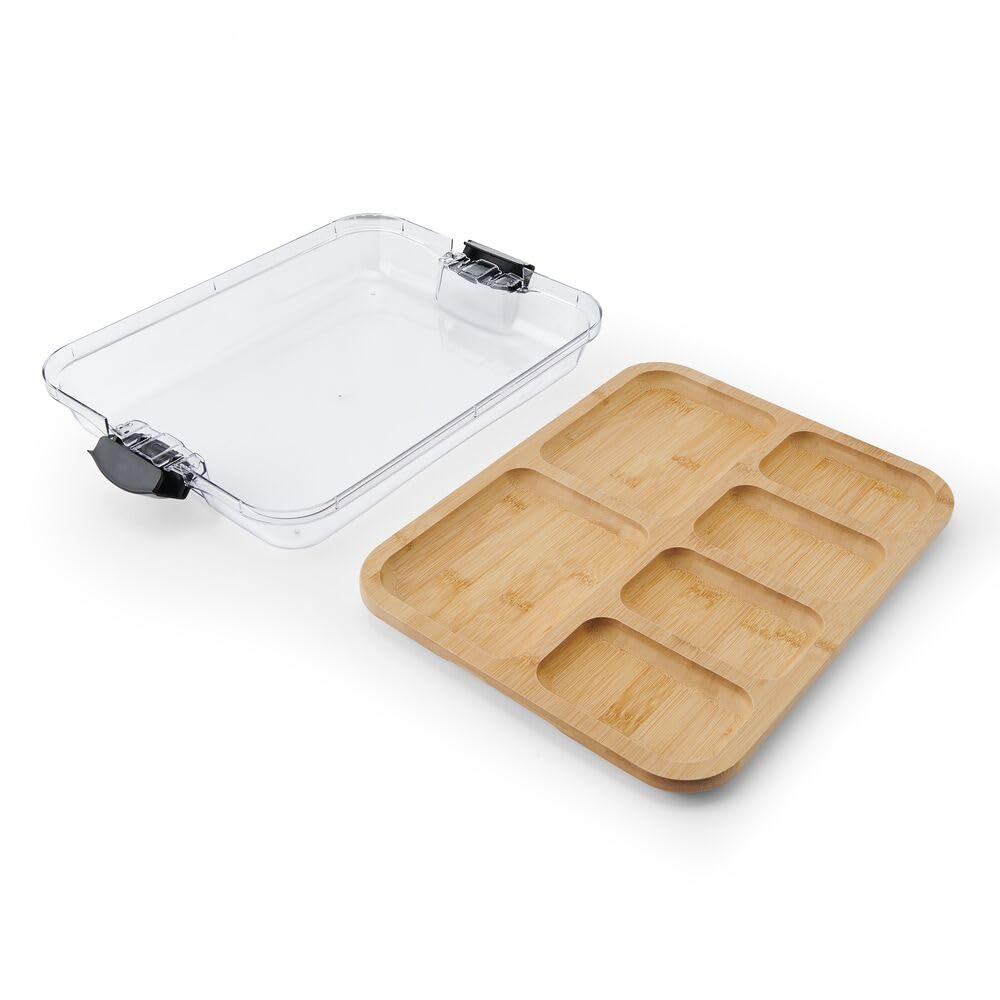Farberware Build-A-Board Bamboo Cutting Board with Built-In Compartments & Clear Locking Lid, Black Handles – Charcuterie, Snack Tray, Food Prep and Serving Platter