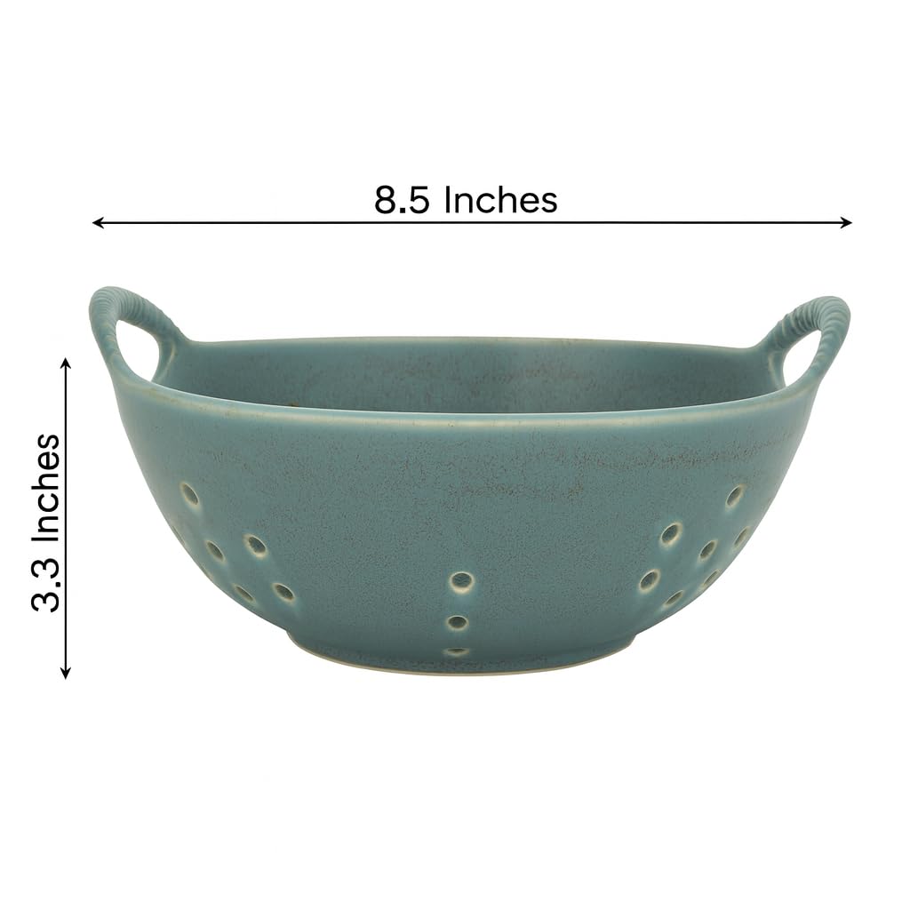 Amitofo Matte Glaze Ceramic Berry Colander Bowl with Handles – 8.5" Handle-to-Handle × 8" Bowl Dia × 3.3" High – Rustic Stoneware Drain Bowl for Fruit, Berries, and Kitchen Decor (Matte Green)