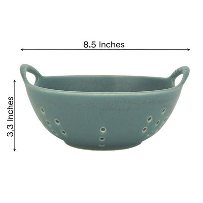 Amitofo Matte Glaze Ceramic Berry Colander Bowl with Handles – 8.5" Handle-to-Handle × 8" Bowl Dia × 3.3" High – Rustic Stoneware Drain Bowl for Fruit, Berries, and Kitchen Decor (Matte Green)