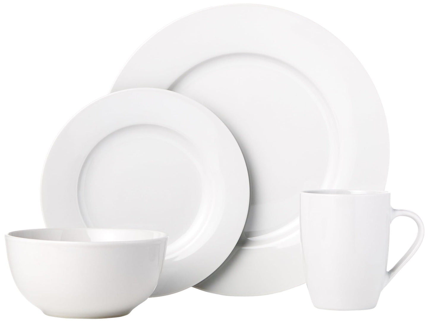 Amazon Basics 16-Piece Porcelain Dinnerware Set, Microwave and Dishwasher Safe, Service for 4, Plates, Bowls and Mugs, White