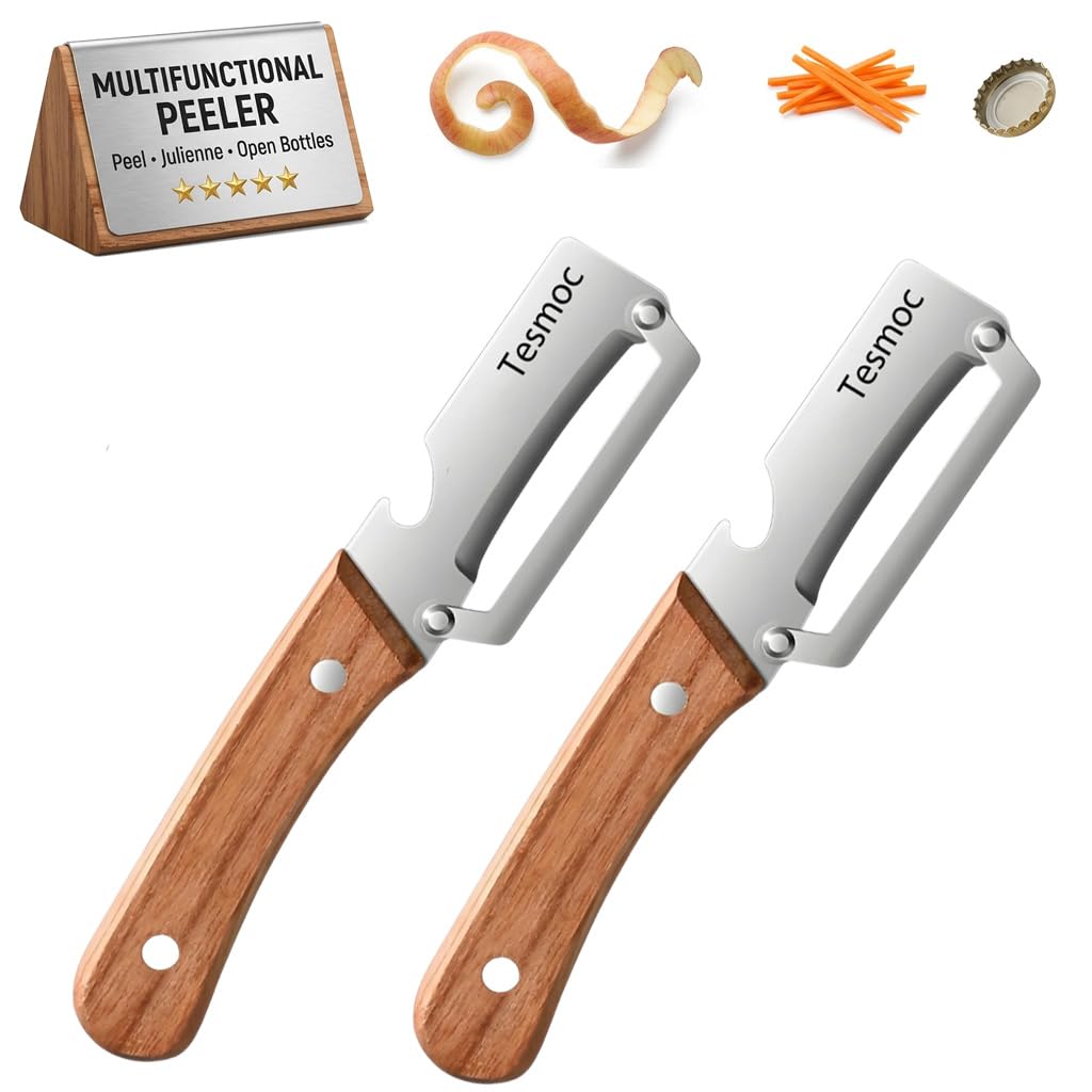 Multifunctional Fruit and Vegetable Peeler,Premium Stainless Steel Blade,Wooden Handle Hand Tool with Bottle Opener,Julienne Peeler for Potato,Cucumber,Orange,Pineapple,Veggie (2)